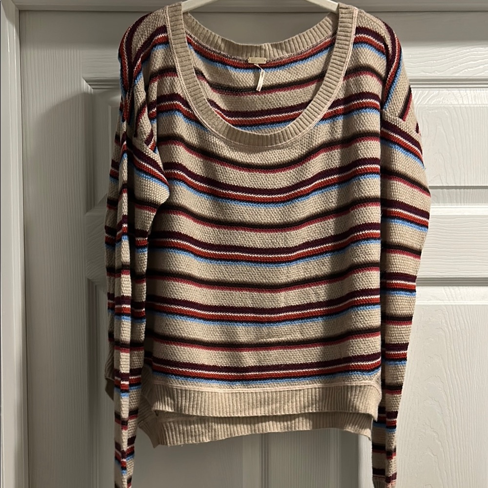 Free People Cream and Red Crew Neck Sweater